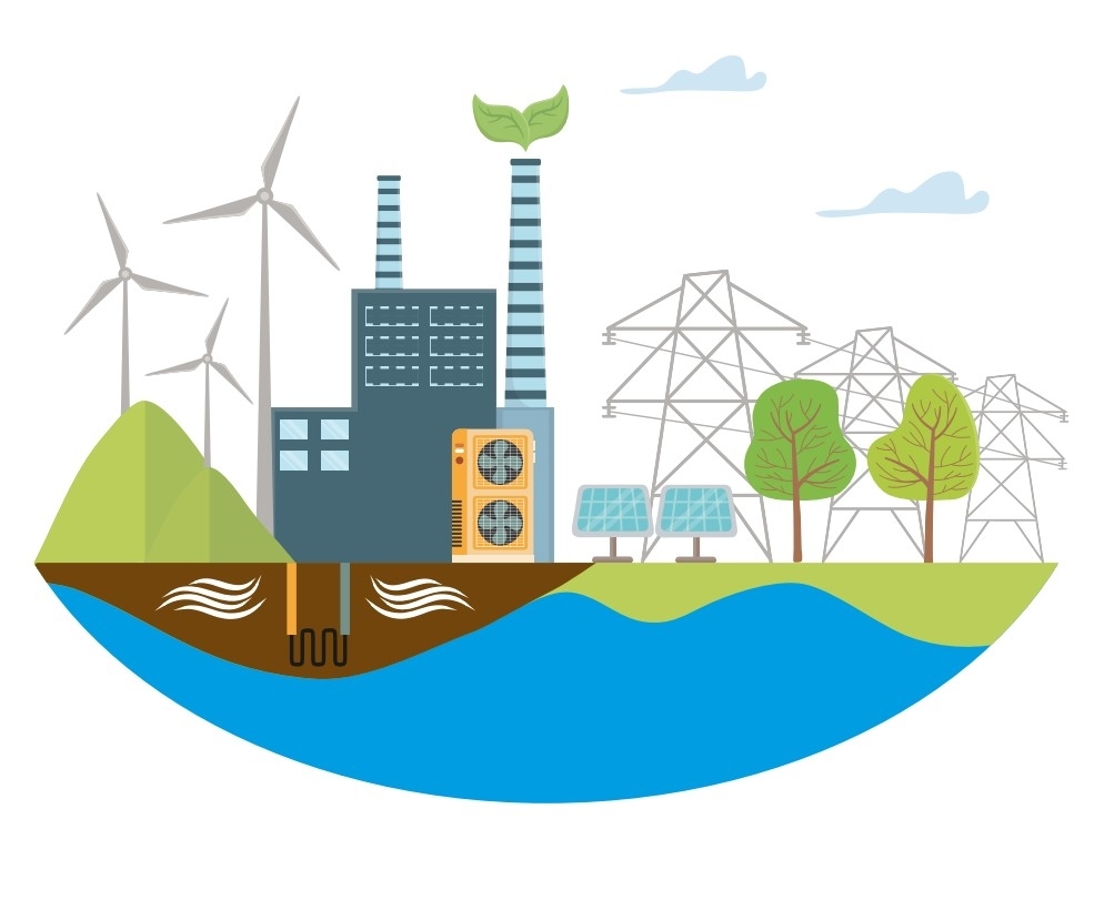 Ein Logo bestehend aus Elementen, die erneuerbare Energie produzieren