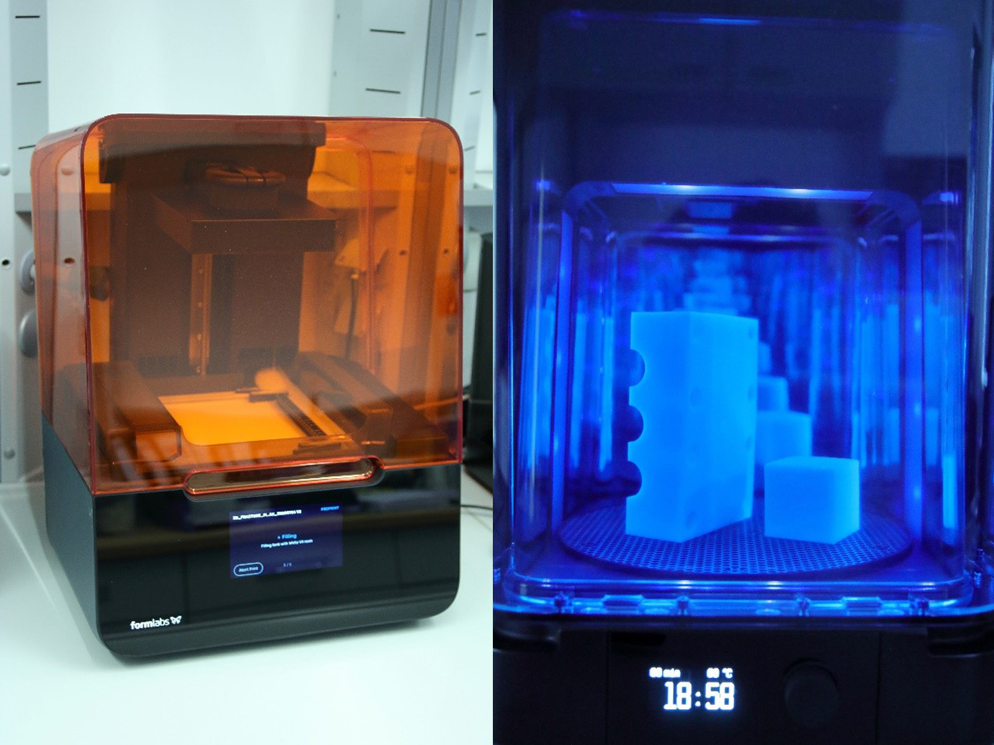 Stereolithographie Drucker (links) und UV-Kammer zur Bauteilhärtung (rechts).