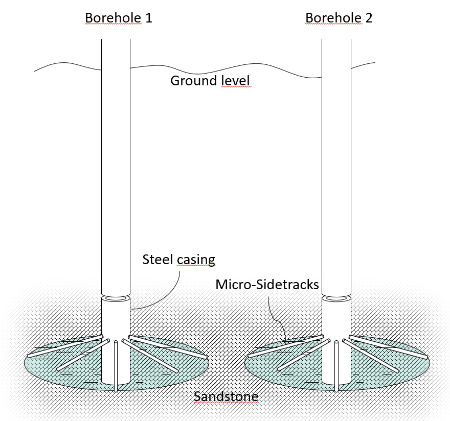 Schematische Darstellung der beiden Hauptbohrungen, die durch die Micro-Sidetracks an die Geologie angeschlossen wurden