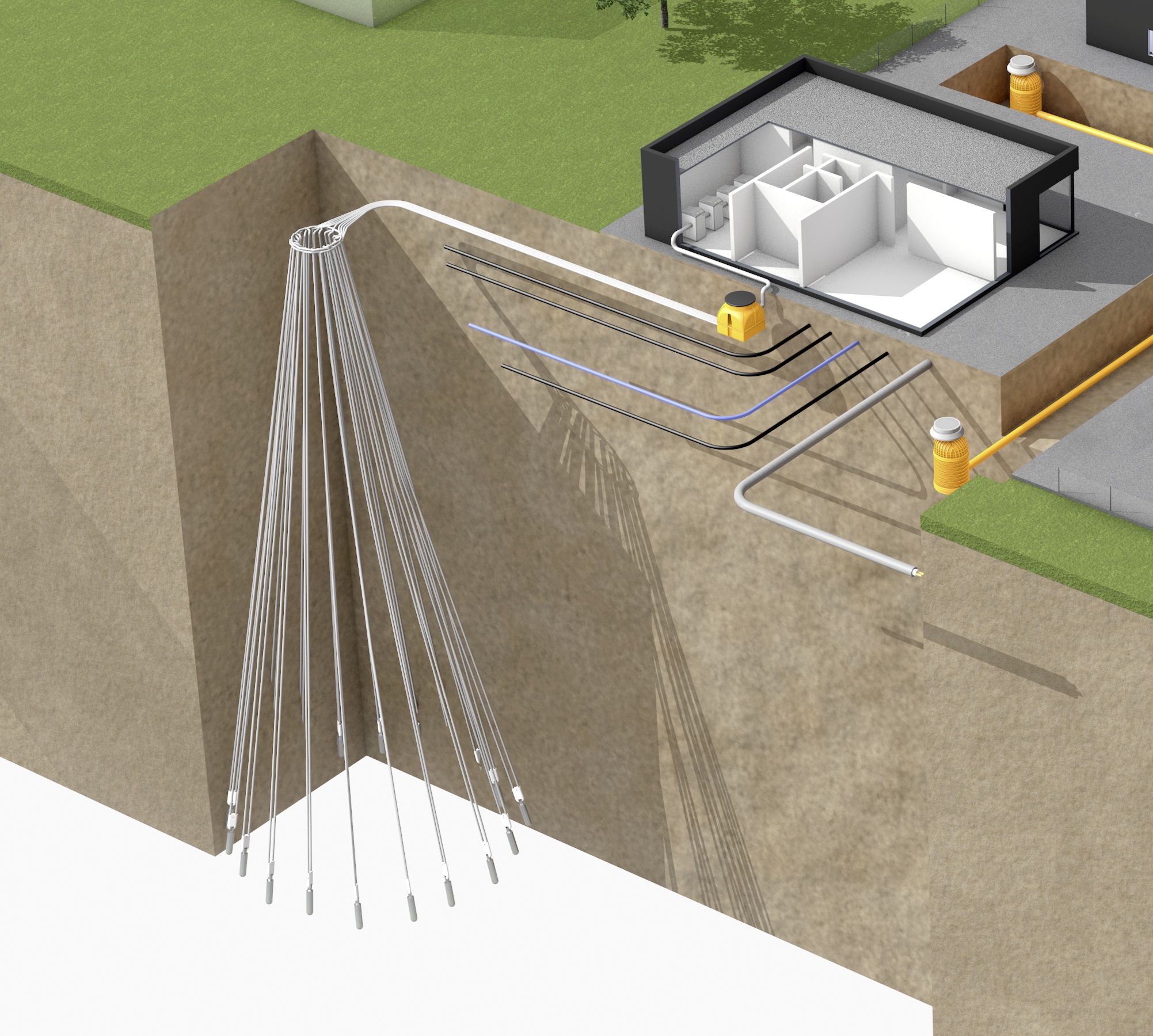 Die Schrägbohrtechnik GeoStar erschließt den Untergrund unter Bestandsgebäuden und macht die Nachrüstung von Quartieren mit Erdwärmesonden möglich. 