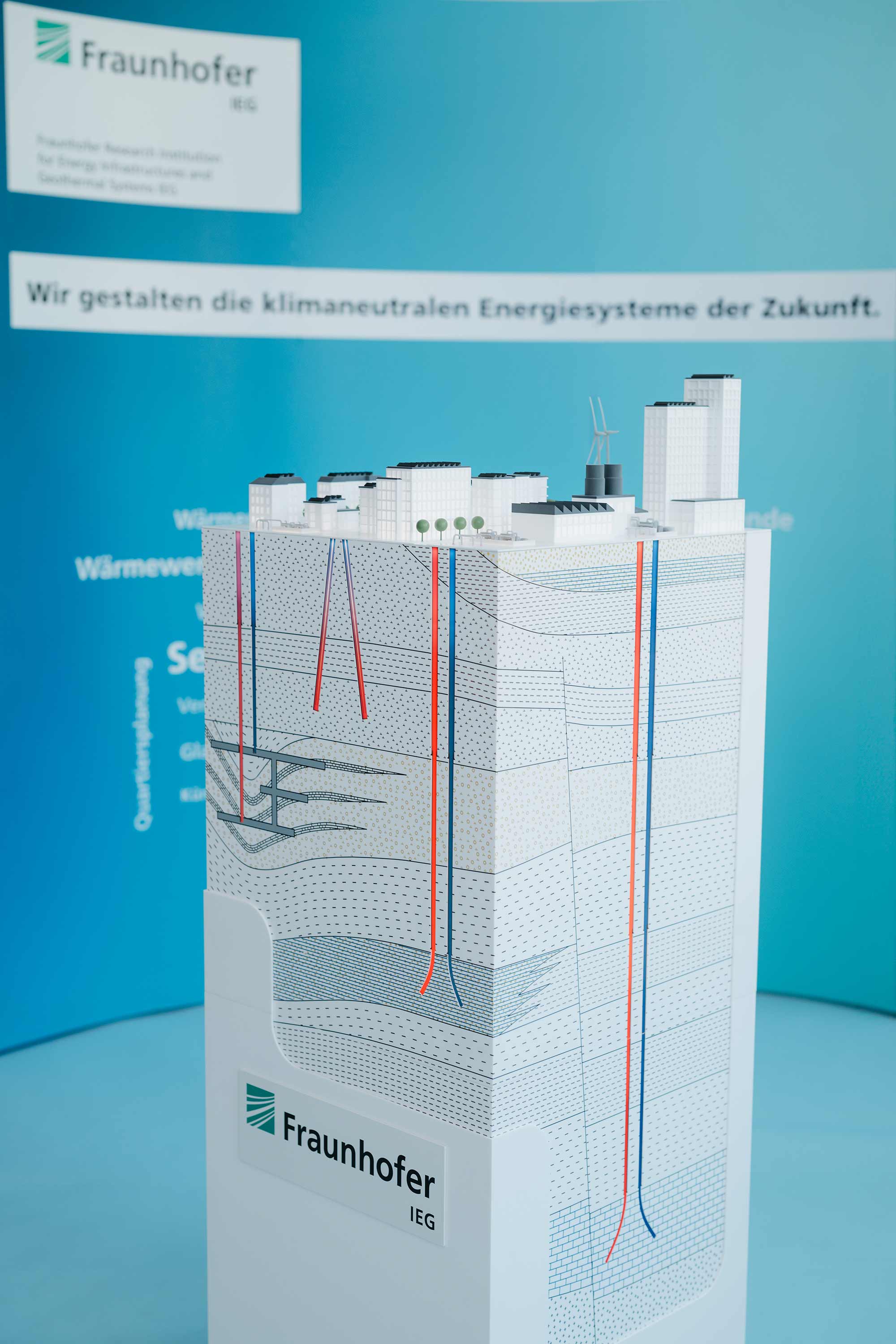 In der Stele »Wärmewende« visualisiert das Fraunhofer IEG die geothermischen Energietechnologien des Untergrundes. In der Stele »Wärmewende« visualisiert das Fraunhofer IEG die geothermischen Energietechnologien des Untergrundes.