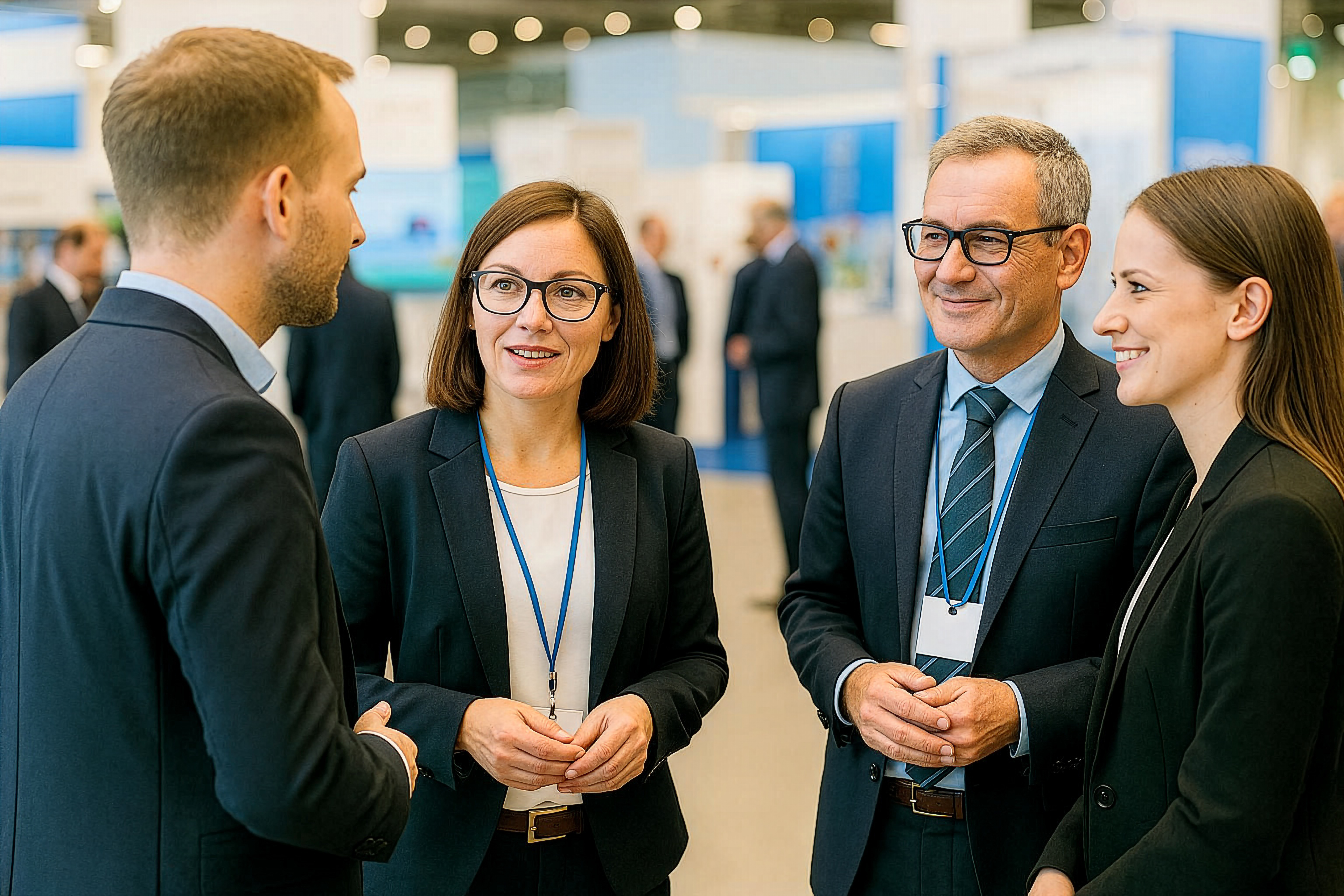 Vier Menschen unterhalten sich auf einer Messe. Links steht ein Mann, dann eine Frau, dann ein Mann und dann eine Frau. Alle tragen Jackts. Die Männer Krawatte