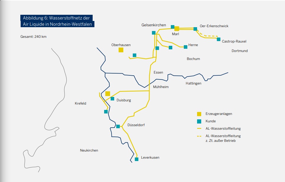 240 Kilometer lang ist das größte Wasserstoffnetz in  Deutschland, betrieben von Air Liquide  im Rhein-Ruhr-Gebiet.