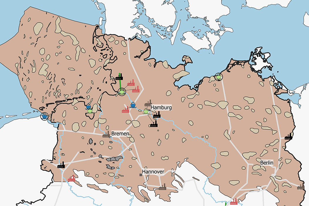 Die Karte zeigt potenzielle Standorte für die unterirdische Speicherung von Wasserstoff im Norddeutschen Becken (BSm: Buntsandstein). Grüne Linien zeigen bestehende Wasserstoffpipelines und weiße Linien zukünftige Entwicklungspläne (IPCEI). Industriesymbole symbolisieren die chemische Industrie (rot), die Stahlindustrie (braun) und die Raffinerien (schwarz) nach Neuwirth et al. (2022). Terminalsymbole symbolisieren bestehende und zukünftige Ammoniak (grün) und LNG Importterminals (blau). Braun schraffierte Flächen stellen die geographische Verbreitung des Buntsandstein-Aquifers (braun), seiner Fallen (hell braun/oka) und Kohlenwasserstofffelder (in Betrieb: grau, erschöpft: schwarz) nach Knopf und May (2007) und LBEG (2023) dar. Weitere Details sind in Alms et al., 2023c zu finden.