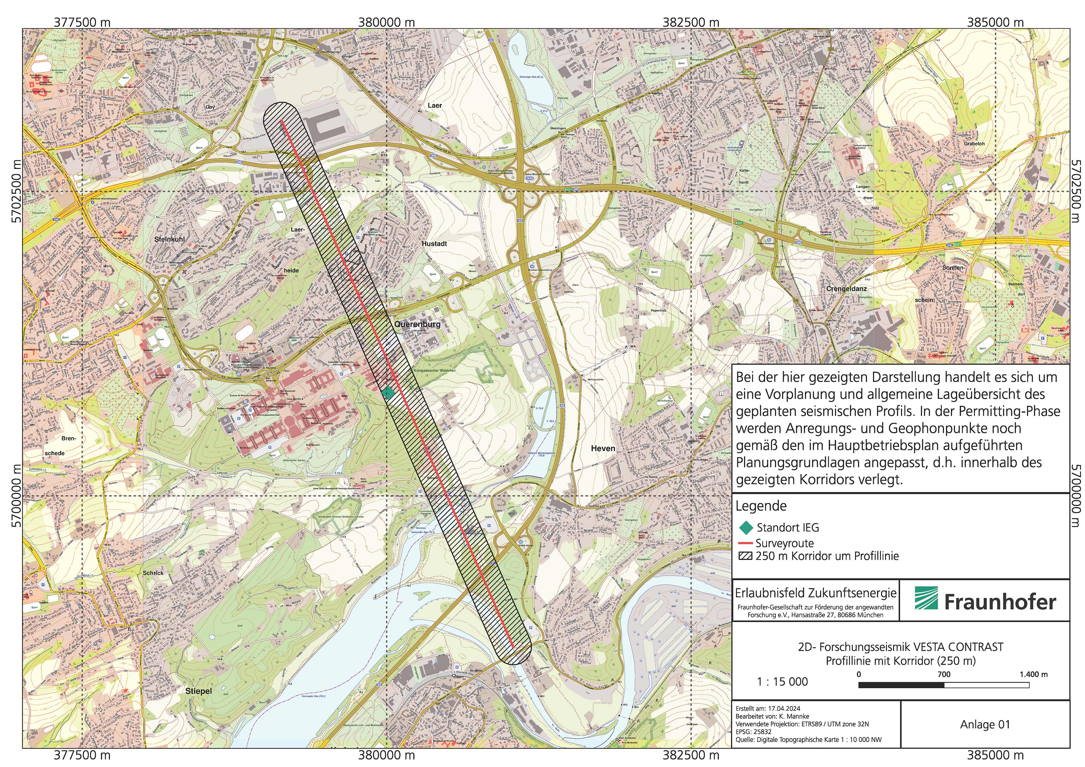 Überblick über das Messgebiet der Seismik Vesta Contrast und Verlauf der geplanten Messstrecke (rote Linie), sowie 250 m Korridor