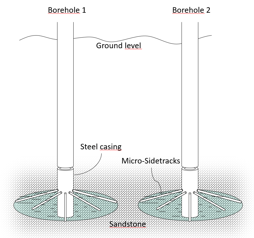 Schematic representation of the two main boreholes connected to the geology via the Micro-Sidetracks: