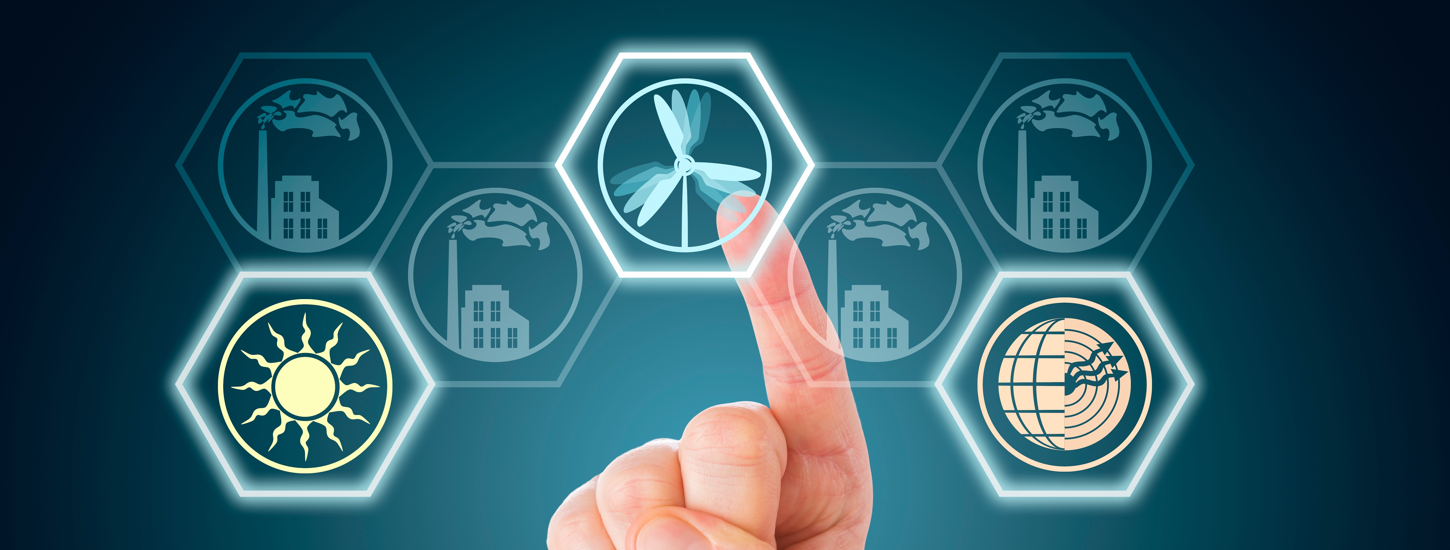 Index finger is selecting renewable energy icons via a virtual interface with hexagonal buttons. The selected symbols for solar, geothermal and wind power are lighting up over a dark blue background.