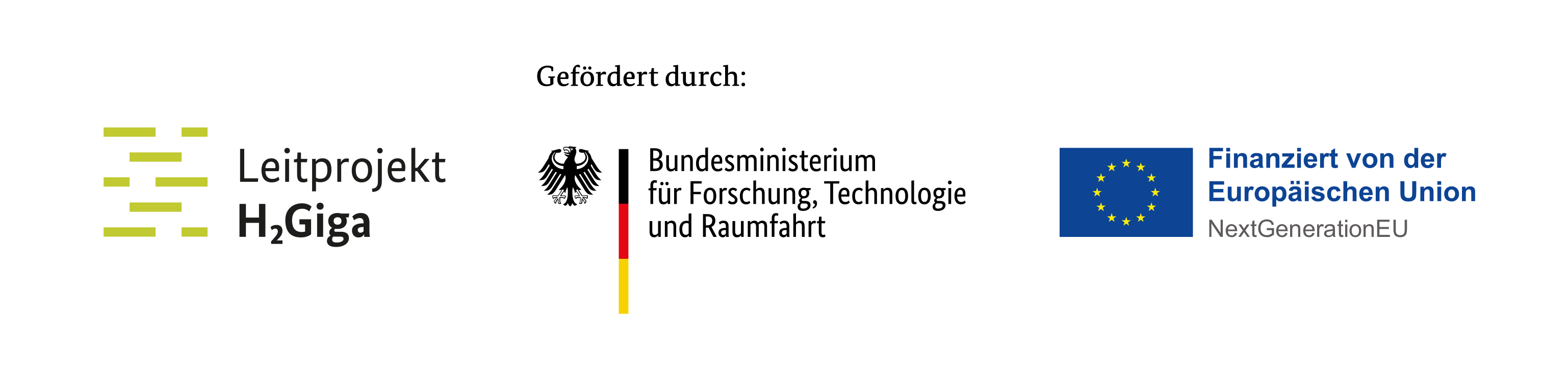 Logo Leitprojekt H₂Giga, Bundesministerium für Forschung, Technologie und Raumfahrt, Europäische Union (NextGenerationEU)