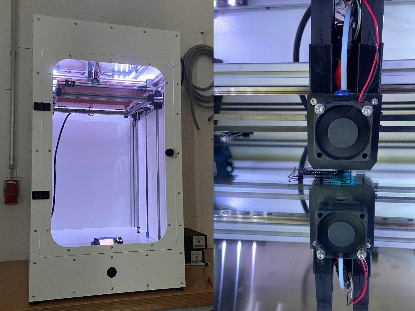 FDM printer (left) and nozzle (right) from which the printing material to be printed emerges.